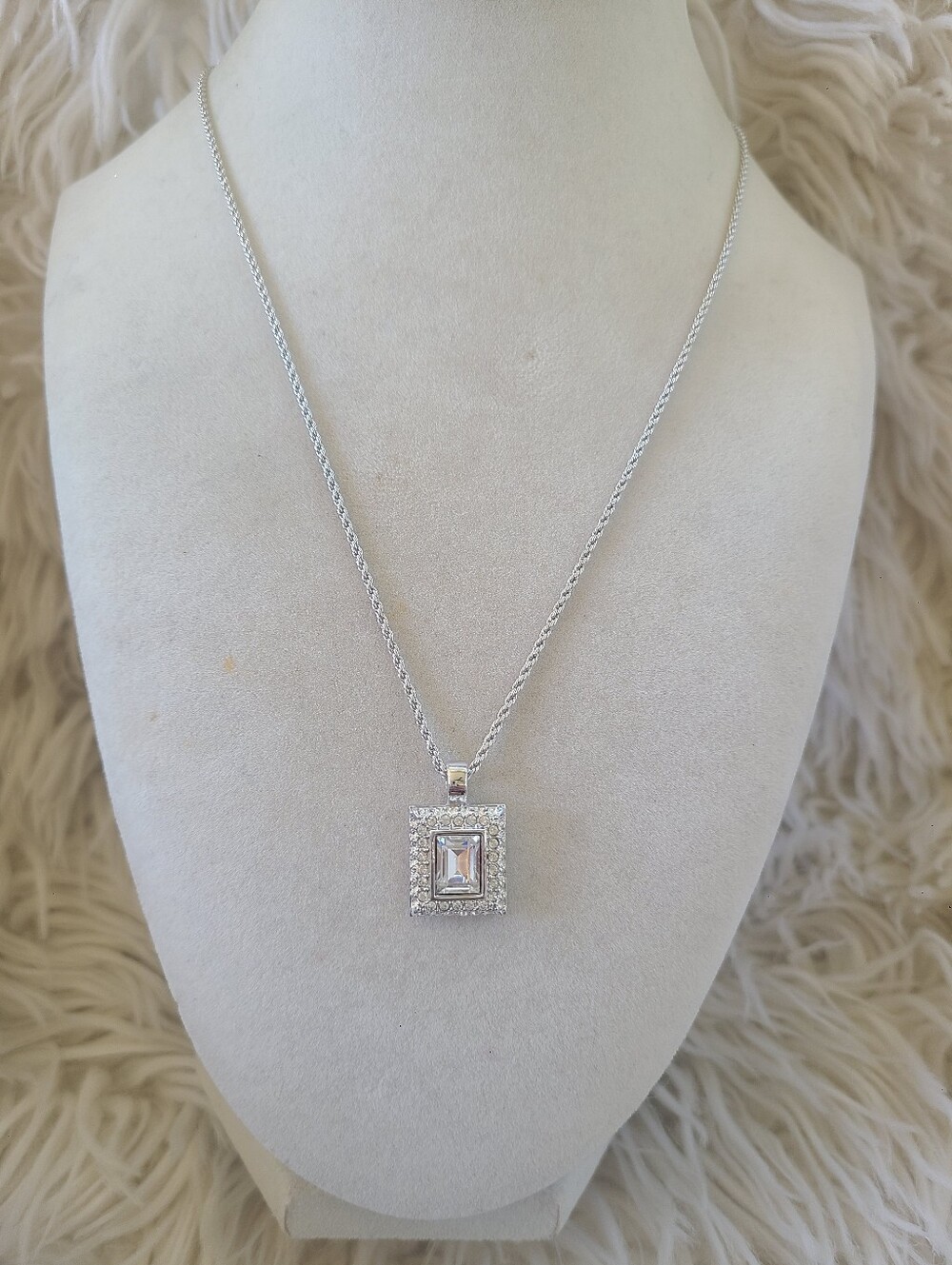 Swarovski Silver Clear Emerald-Cut Halo Pendant Necklace- Excellent Condition
